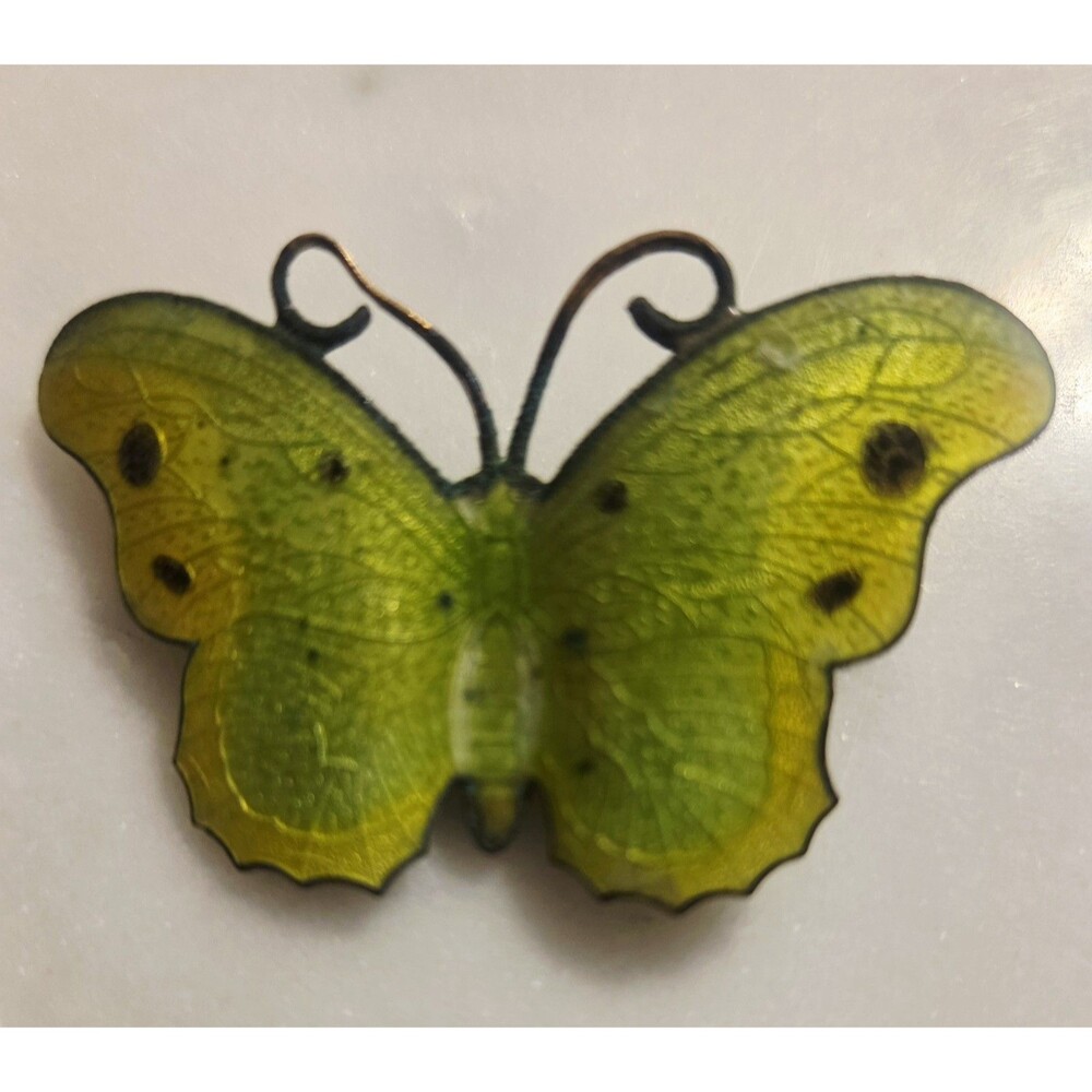 Guilloché Enamel Butterfly Brooch Art Nouveau Green/Yellow Over Brass Vtg Flaws